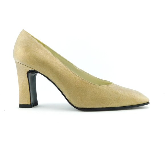 STUART WEITZMAN Shimmer Gold Lag Block Heel Evening Pumps 6.5 - Picture 2 of 7
